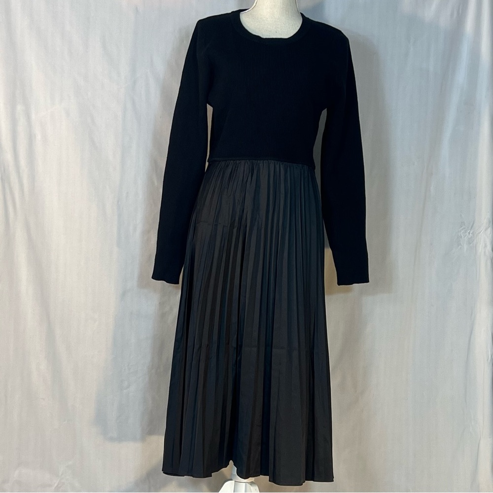 Nanette Lepore MIDI Dress Black Knit Bodice Soft Pleated Skirt Long Sleeve L👍